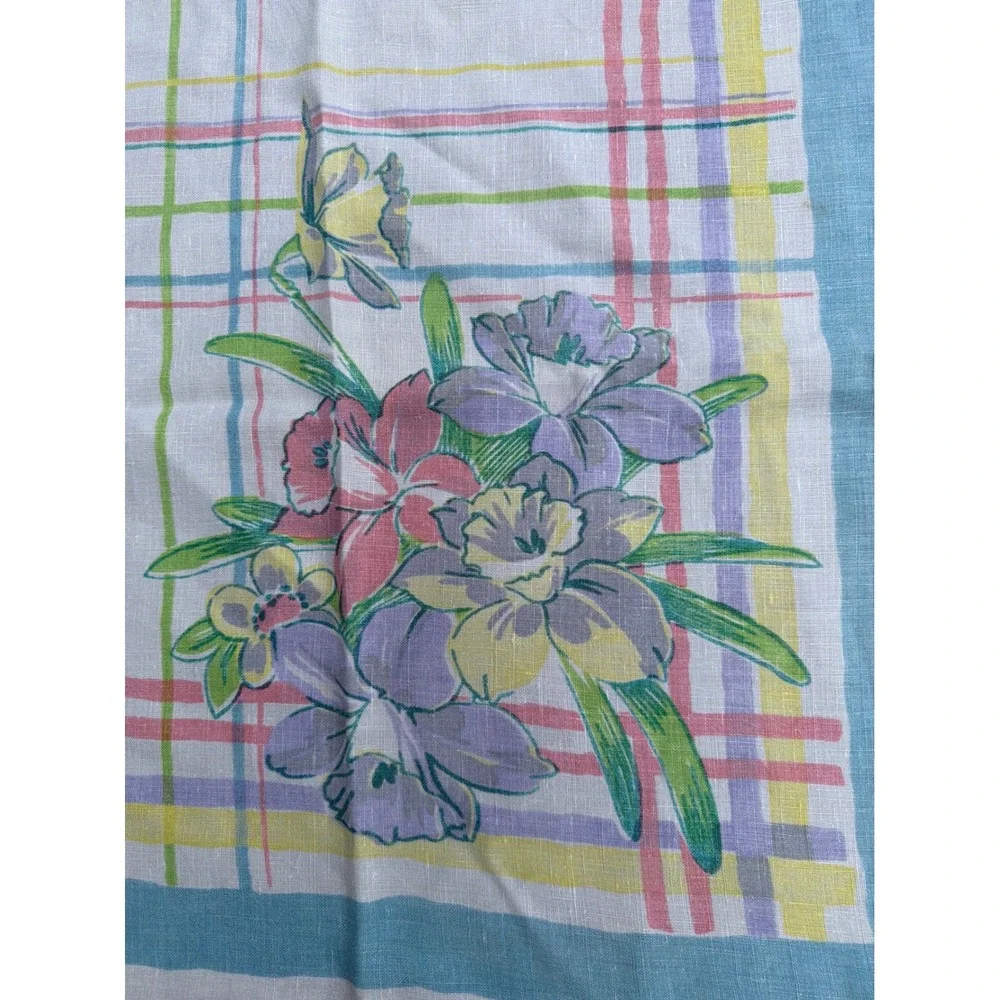 Vintage Pride of Flanders Linen Tablecloth Pastel Plaid Floral Spring 52 x 52